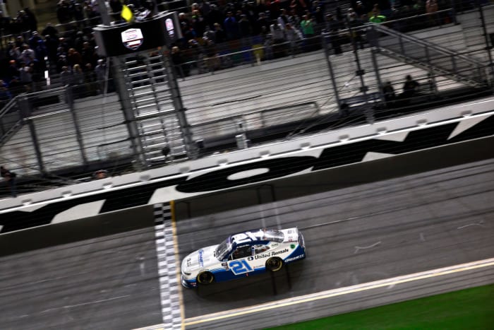 Austin Hill crosses the finish line under caution to win the NASCAR Xfinity Series Beef. It's What's For Dinner. 300 Saturday. (Photo by Jared C. Tilton/Getty Images)